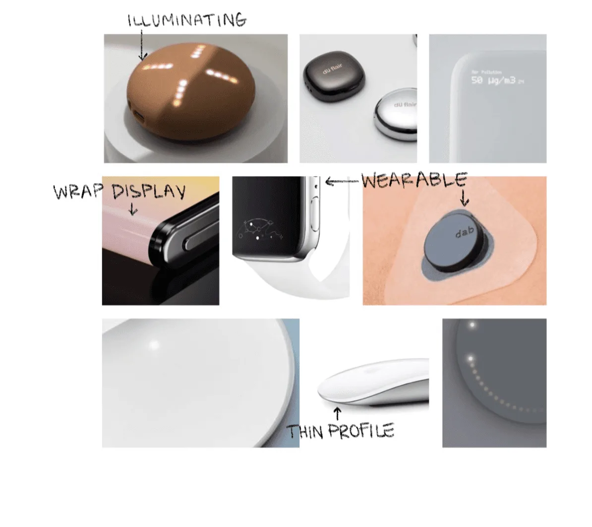 Technology integration: illuminating, wrap display, wearable, thin profile.