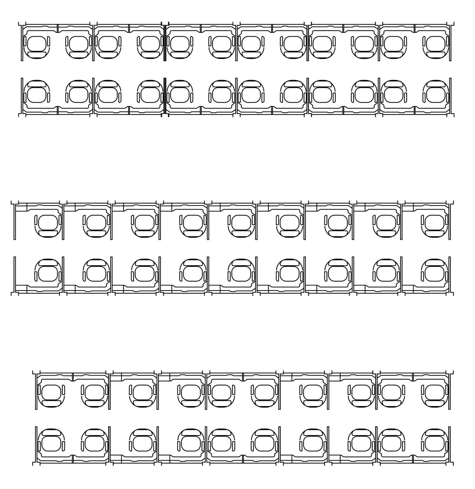 Top to bottom: doubles, singles and mixed layouts.